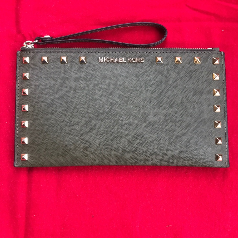 Michael Kors Olive Green Wristlet with Gold Studs